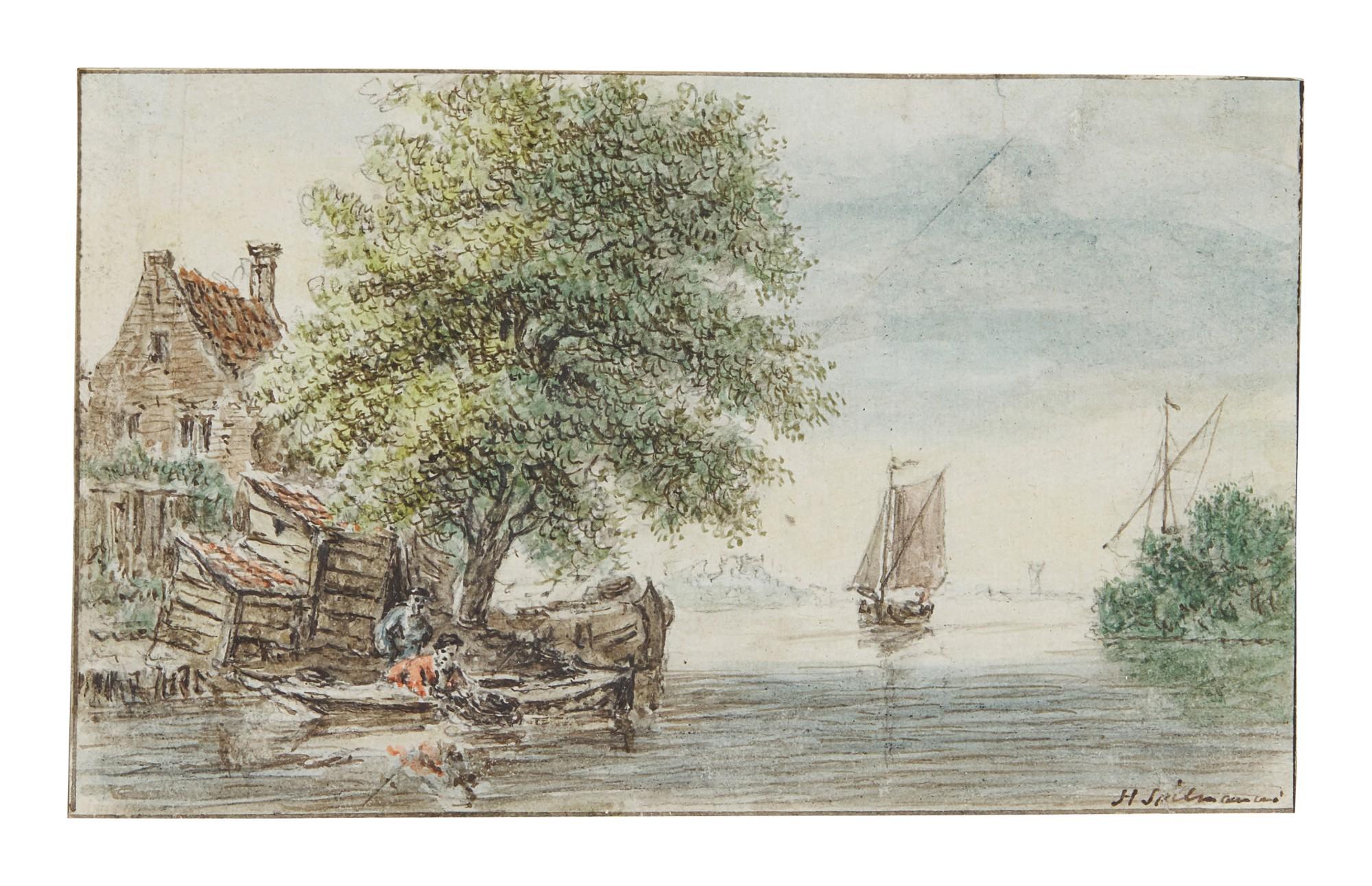 Hendrik Spilman - River Landscape With Two Figures Fishing From A Boat By Cottages To The Left