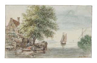 Hendrik Spilman - River Landscape With Two Figures Fishing From A Boat By Cottages To The Left