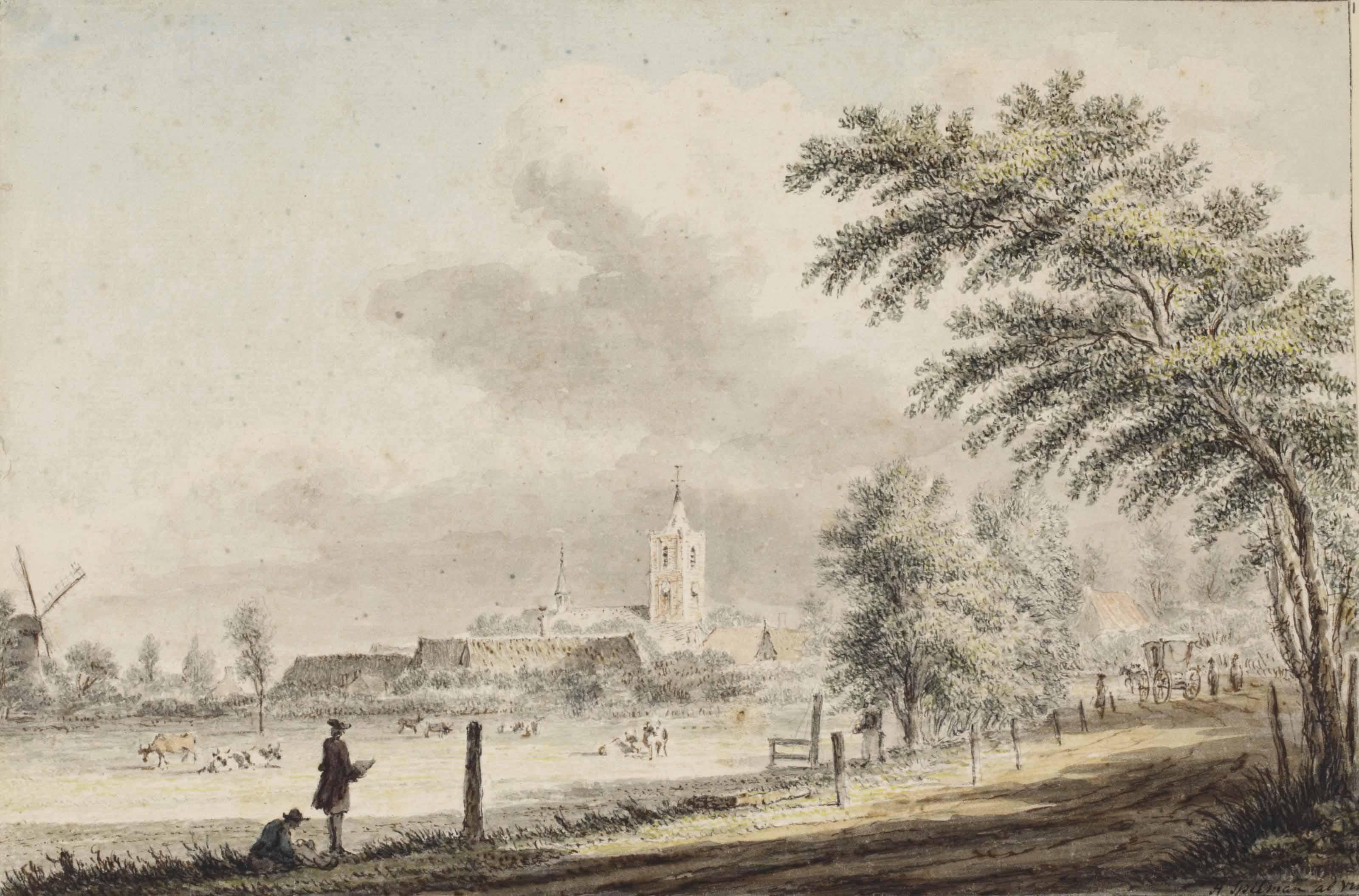 Hendrik Spilman - View of Noordwijk-Binnen, with two men drawing in the foreground ( recto ); Sketch of Noordwijk aan Zee seen from the beach ( verso )