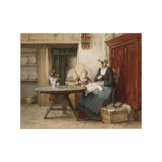 Hendrik Valkenburg - A Cottage Interior With Mother And Child Doing Needlework