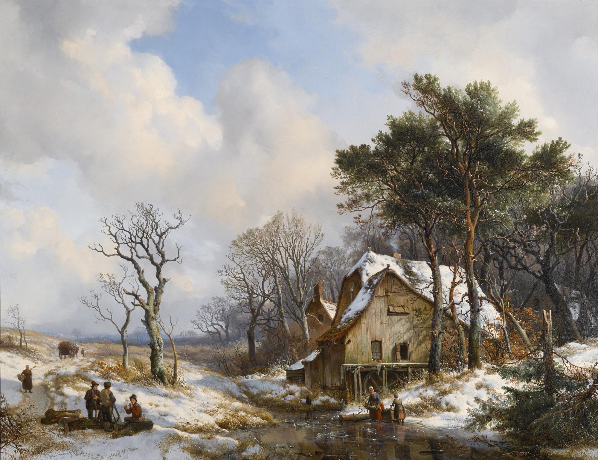 Hendrik Van De Sande Bakhuyzen - Dutch skaters On A Frozen Stream On The Outskirts Of A Village