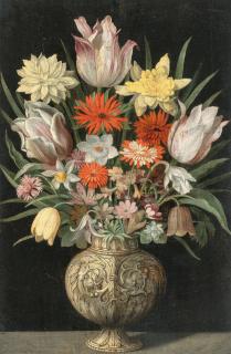 Hendrik van der Borcht d. Ä. - Strauß mit Tulpen, Schachbrettblume und Narzissen in einer Silbervase
