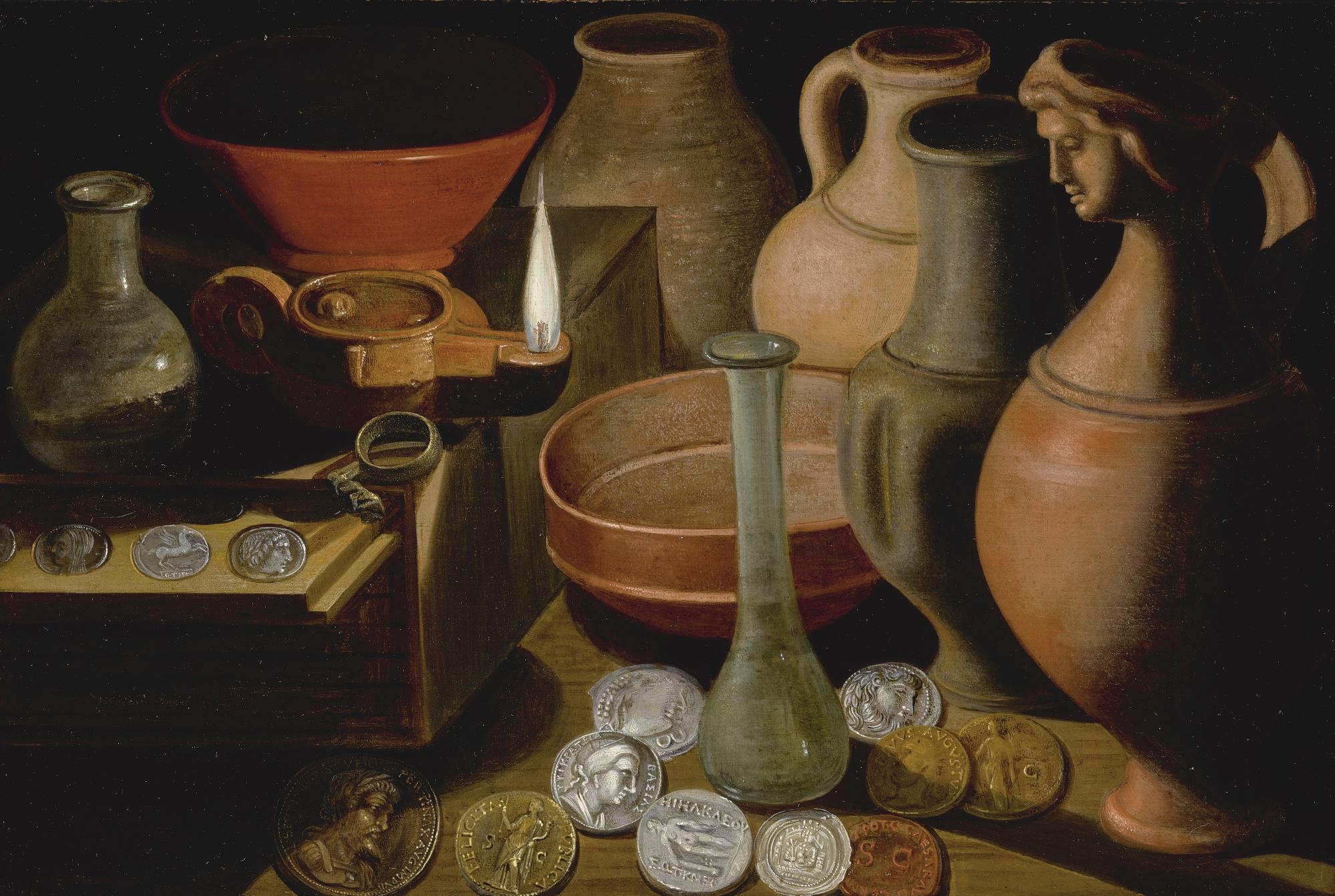Hendrik Van Der Borcht The Elder - Ancient Coins, Glasswear And Pots On A Table-Top With An Oil Lamp