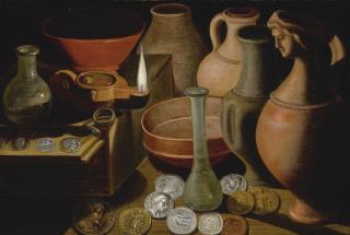 Hendrik Van Der Borcht The Elder - Ancient Coins, Glasswear And Pots On A Table-Top With An Oil Lamp