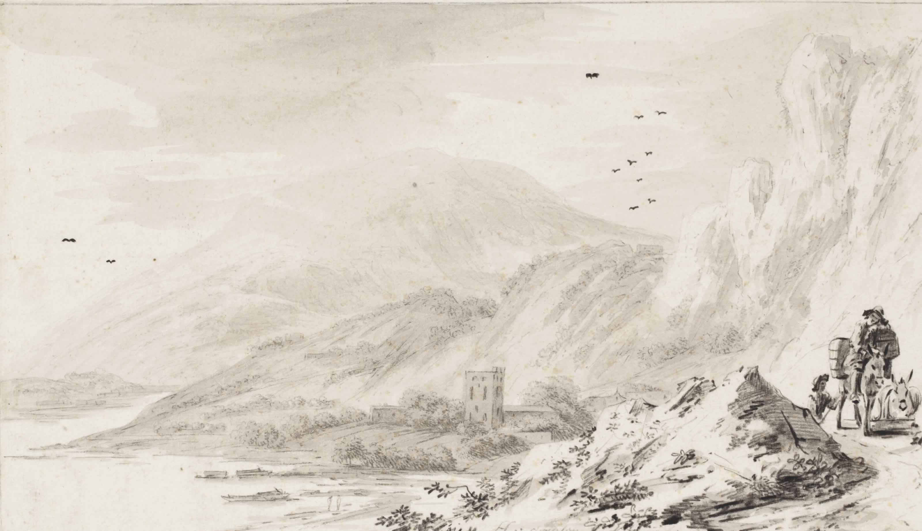 Hendrik van der Straaten - A Rugged Landscape With Travellers On A Coastal Road