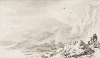 Hendrik van der Straaten - A Rugged Landscape With Travellers On A Coastal Road