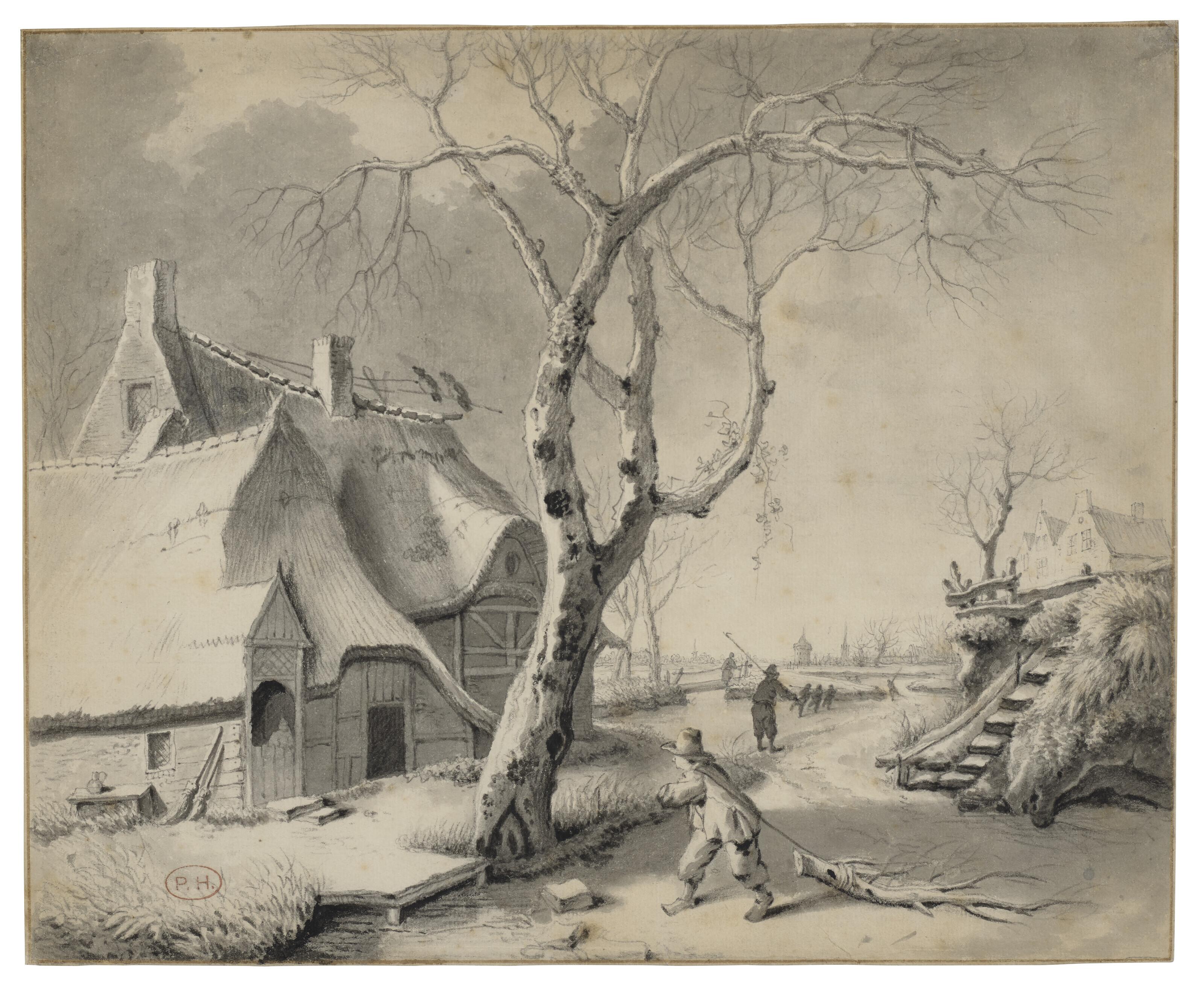 Hendrik Van Der Straaten - A winter scene with a paesant dragging a log