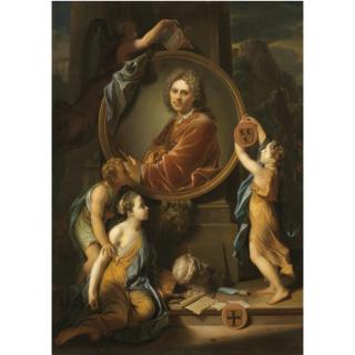 Hendrik Van Limborch - Infants Decorating A Stone Cartouche Framing A Copy Of A Self-Portrait By Adriaen Van Der Werff, Artistic Implements Decorating The Steps Below