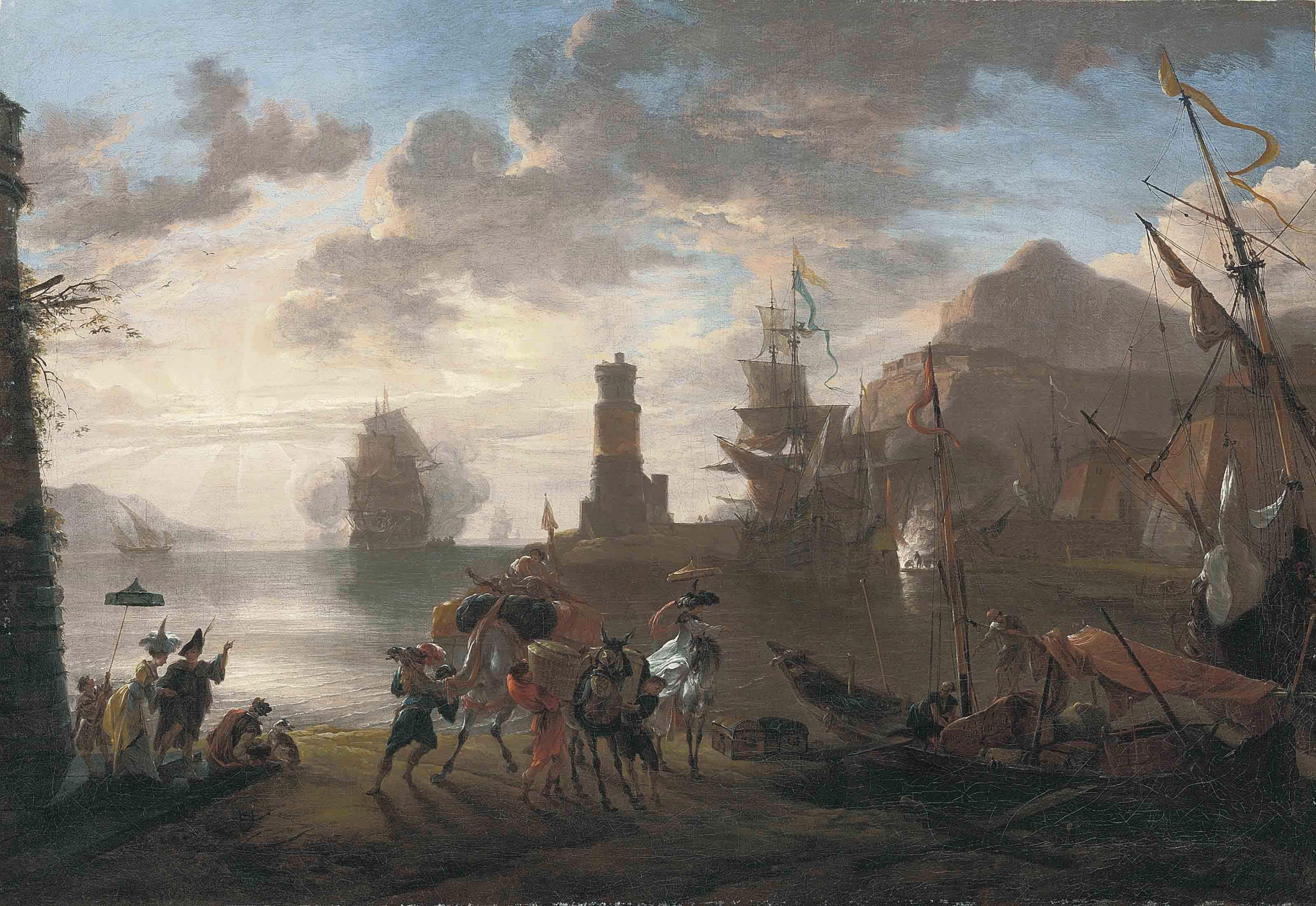 Hendrik van Minderhout - A coastal landscape with sailors disembarking from an anchored boat and elegant figures conversing