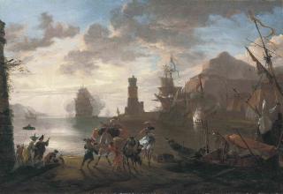 Hendrik van Minderhout - A coastal landscape with sailors disembarking from an anchored boat and elegant figures conversing