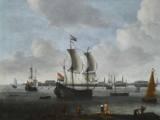 Hendrik Van Minderhout - A Harbour Scene With A Large Flute, A Small Cargo Ship, A Kaag And Other Shipping Moored, With An Elegant Couple And Other Figures In The Foreground