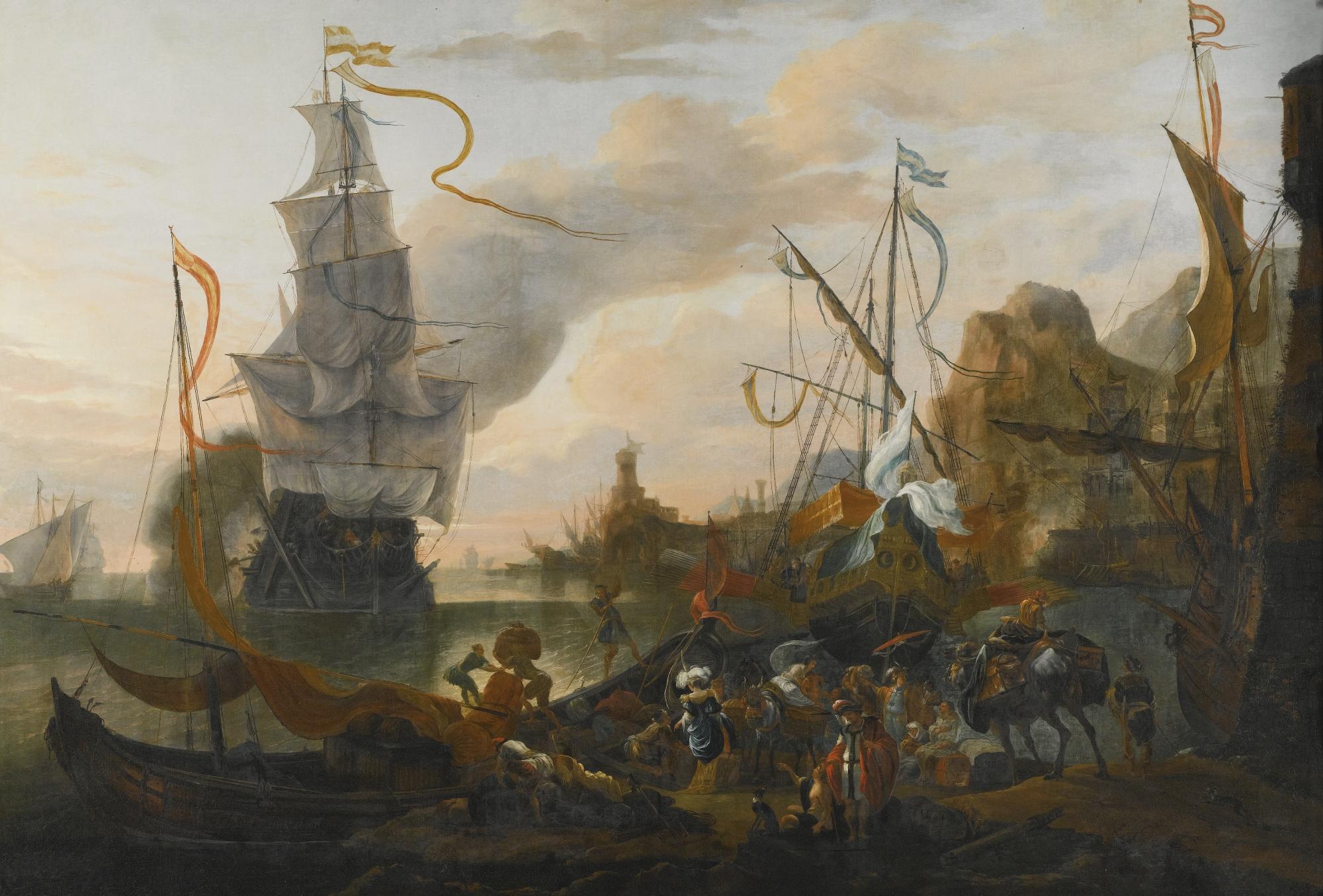 Hendrik Van Minderhout - A Levantine Harbour With A Galley And A Man-Of-War Coming In To Anchor, Together With Many Figures On Shore
