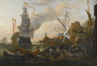 Hendrik Van Minderhout - A Levantine Harbour With A Galley And A Man-Of-War Coming In To Anchor, Together With Many Figures On Shore
