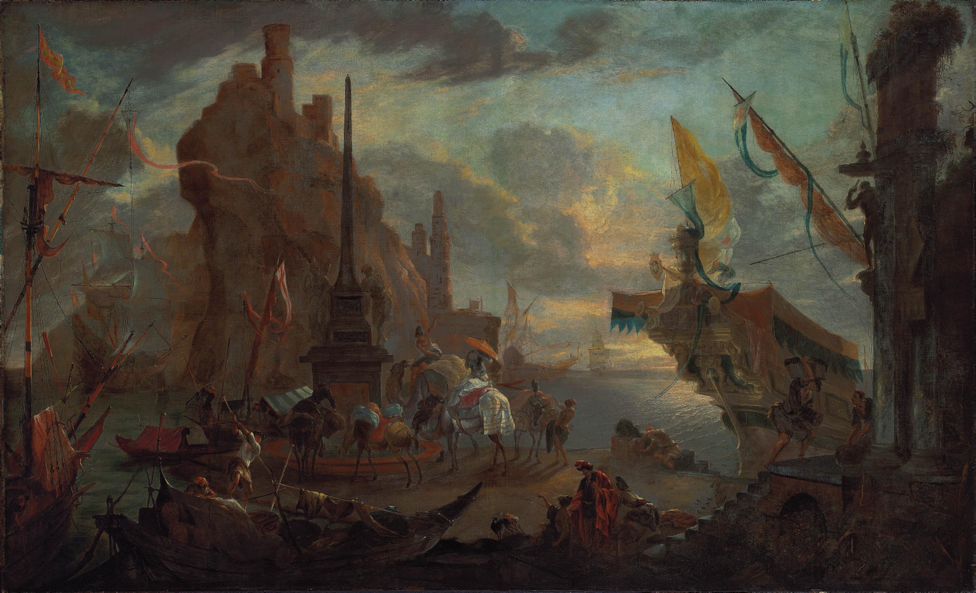 Hendrik van Minderhout - An oriental harbour with a fortress, a man-o\'-war, figures unloading cargo, and other vessels beyond