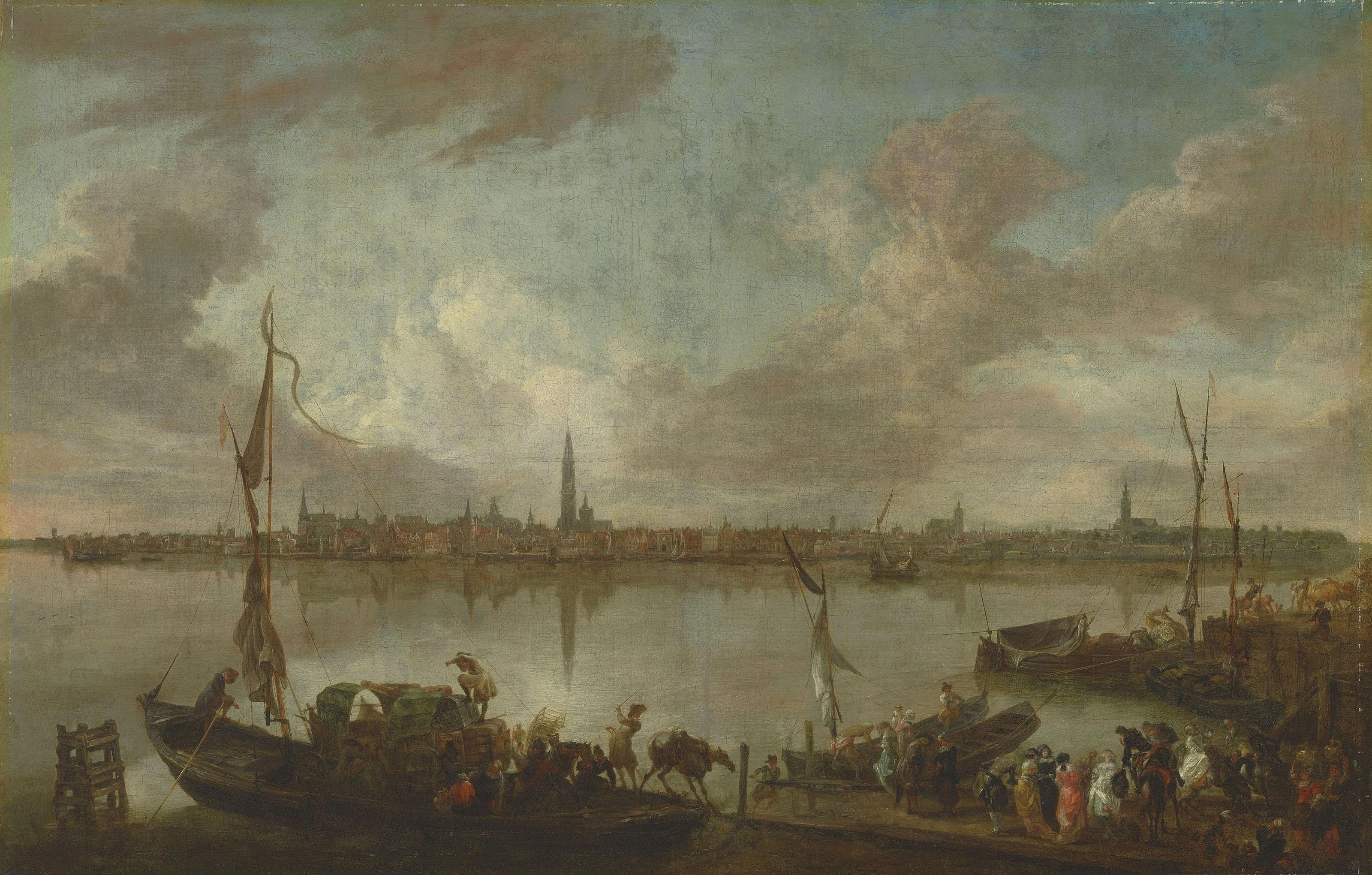 Hendrik Van Minderhout - Antwerp, seen from the further bank of the Scheldt, with boats and figures on the shore