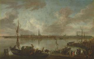 Hendrik Van Minderhout - Antwerp, seen from the further bank of the Scheldt, with boats and figures on the shore