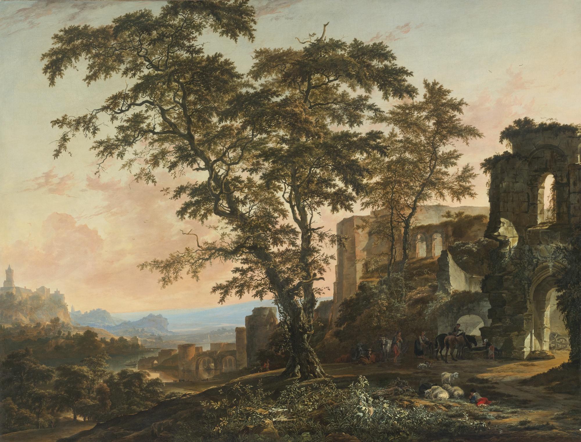 Hendrik Van Minderhout - Extensive Rhenish Landscape With Peasants And Animals Resting In The Shade Of Romanesque Ruins