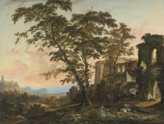Hendrik Van Minderhout - Extensive Rhenish Landscape With Peasants And Animals Resting In The Shade Of Romanesque Ruins