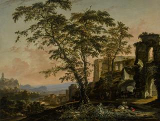 Hendrik Van Minderhout - Extensive Rhenish Landscape With Peasants And Animals Resting In The Shade Of Romanesque Ruins
