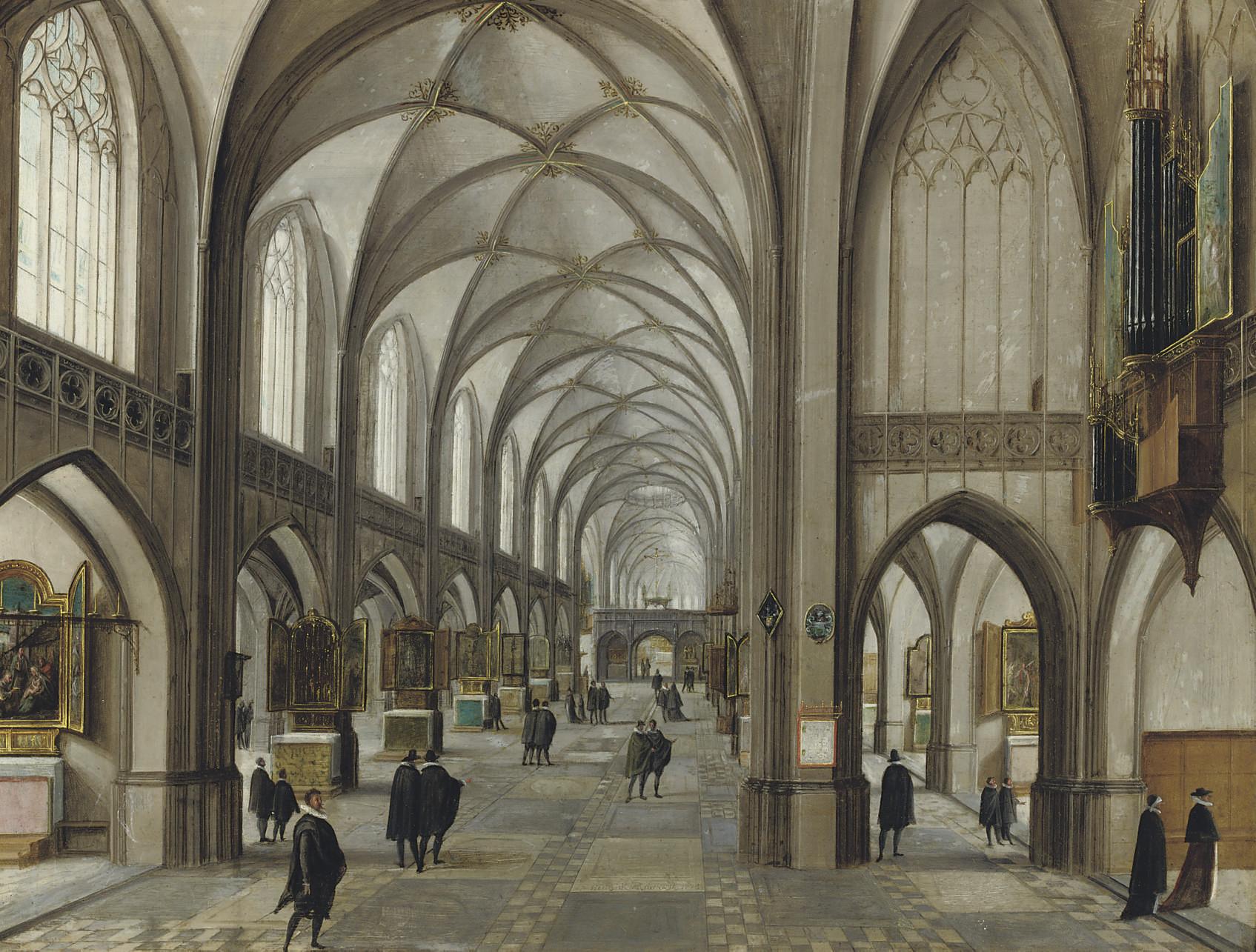 Hendrik Van Steenwijck I - A gothic church interior with elegantly dressed figures