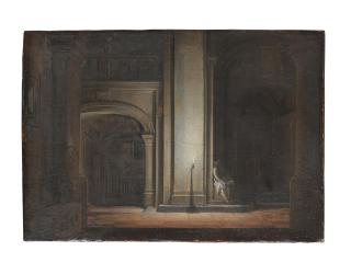 Hendrik Van Steenwijck Ii - Interior of a church with a seated figure by lamplight