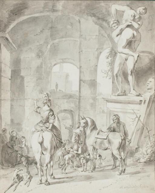 Hendrik Verschuring - Hommes, femmes et enfants avec des chevaux et des chiens à l\'entrée d\'une ville, une sculpture de l\'enlèvement d\'une Sabine sur la droite