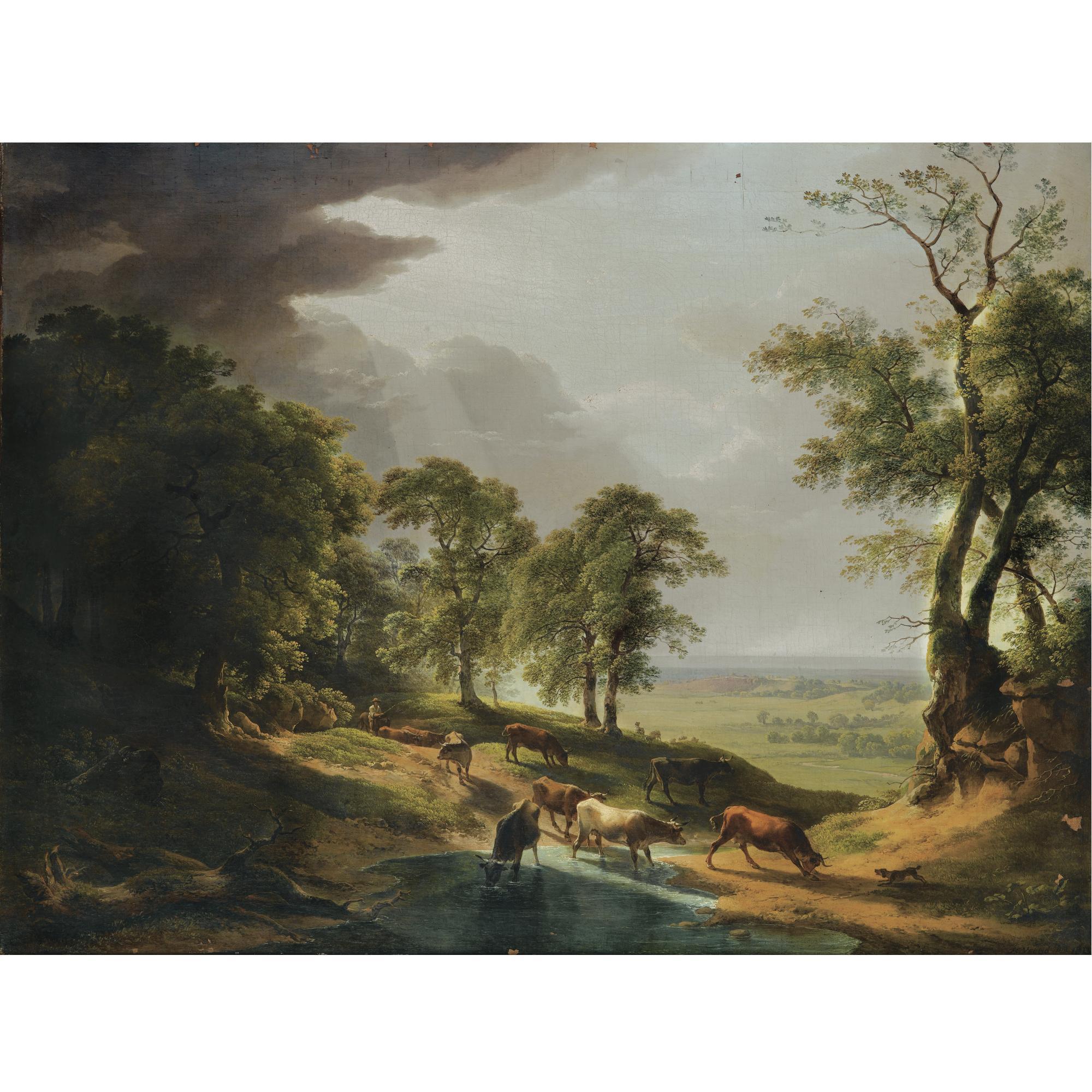 Hendrik Voogd - A Herd Of Cows Drinking From A Stream, An Extensive Landscape In The Valley Beyond