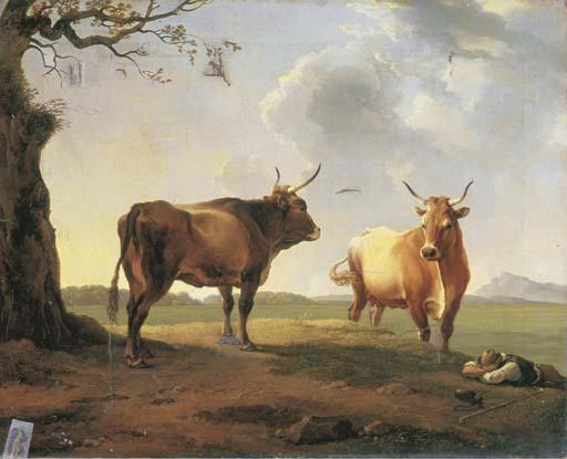 Hendrik Voogd - An extensive Italianate landscape at dusk with a shepherd sleeping beside a bull and a cow