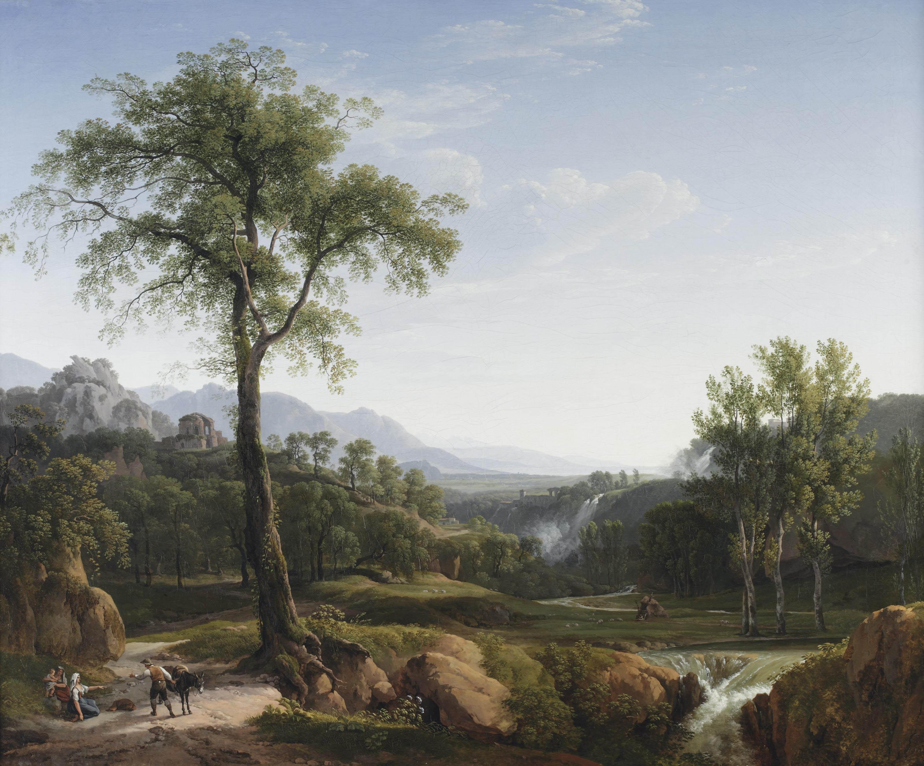Hendrik Voogd - An Italianate landscape with travellers resting in the shade of a tree, a view of Tivoli in the background