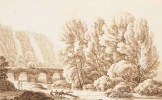 Hendrik Voogd - Les Chutes D\'Eau De La Villa De Mécène À Tivoli, Trois Personnages Tirant Un Tronc D\'Arbre Au Premier Plan