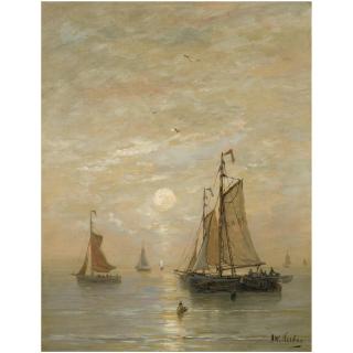 Hendrik Willem Mesdag - Dutch Anchored Bomschuiten At Sunset