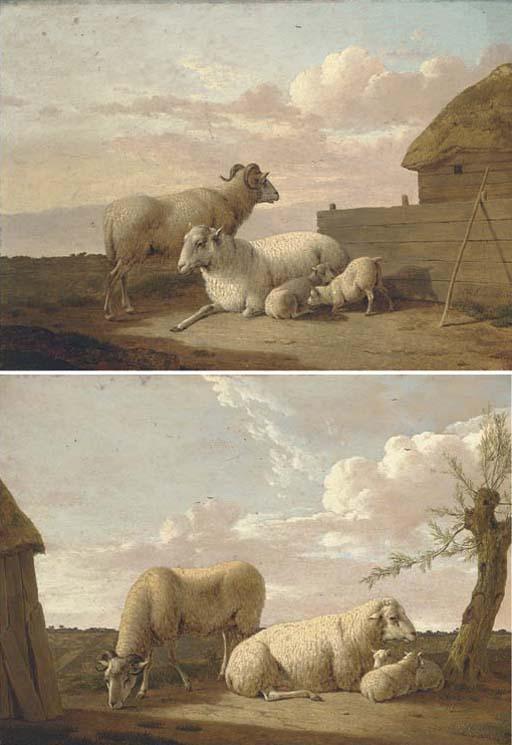 Hendrik Willem Schweickardt - A family of sheep by a sheepfold; and A family of sheep by a tree