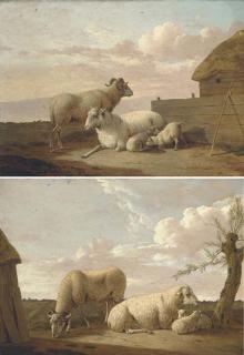 Hendrik Willem Schweickardt - A family of sheep by a sheepfold; and A family of sheep by a tree