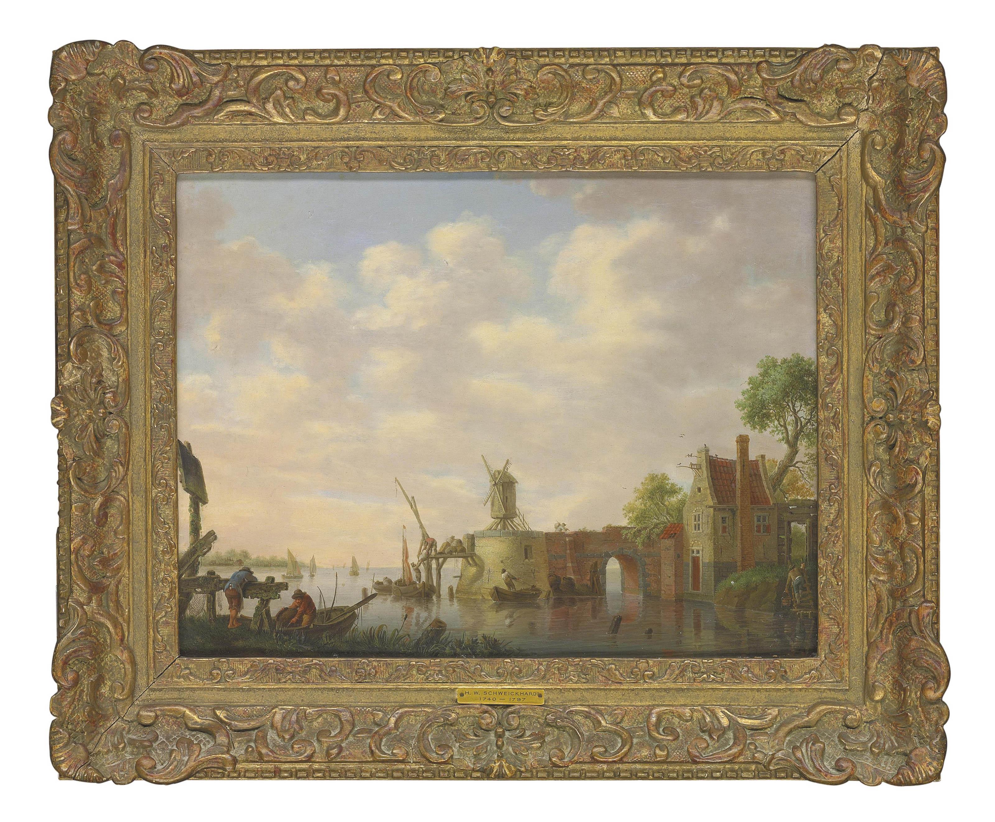 Hendrik Willem Schweickardt - A river estuary with fishermen and stevedores, a dock and a windmill beyond