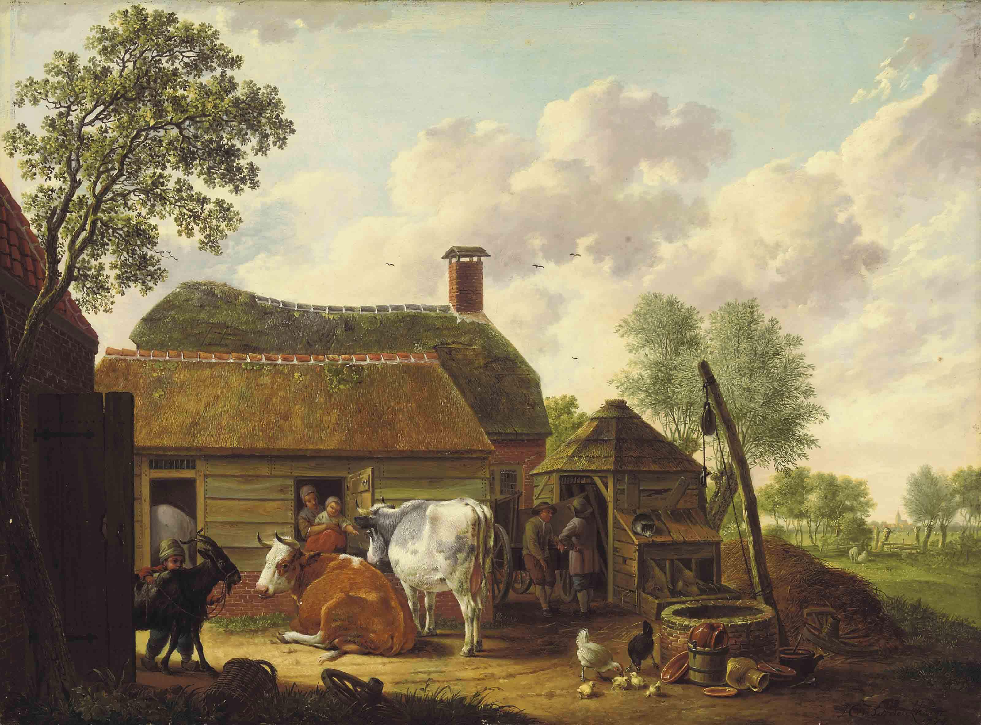 Hendrik Willem Schweickhardt - A farm scene with peasants, cattle, chickens and a goat