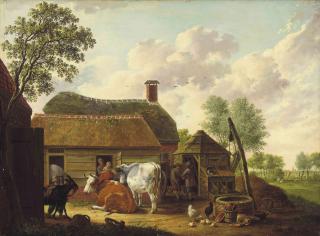Hendrik Willem Schweickhardt - A farm scene with peasants, cattle, chickens and a goat