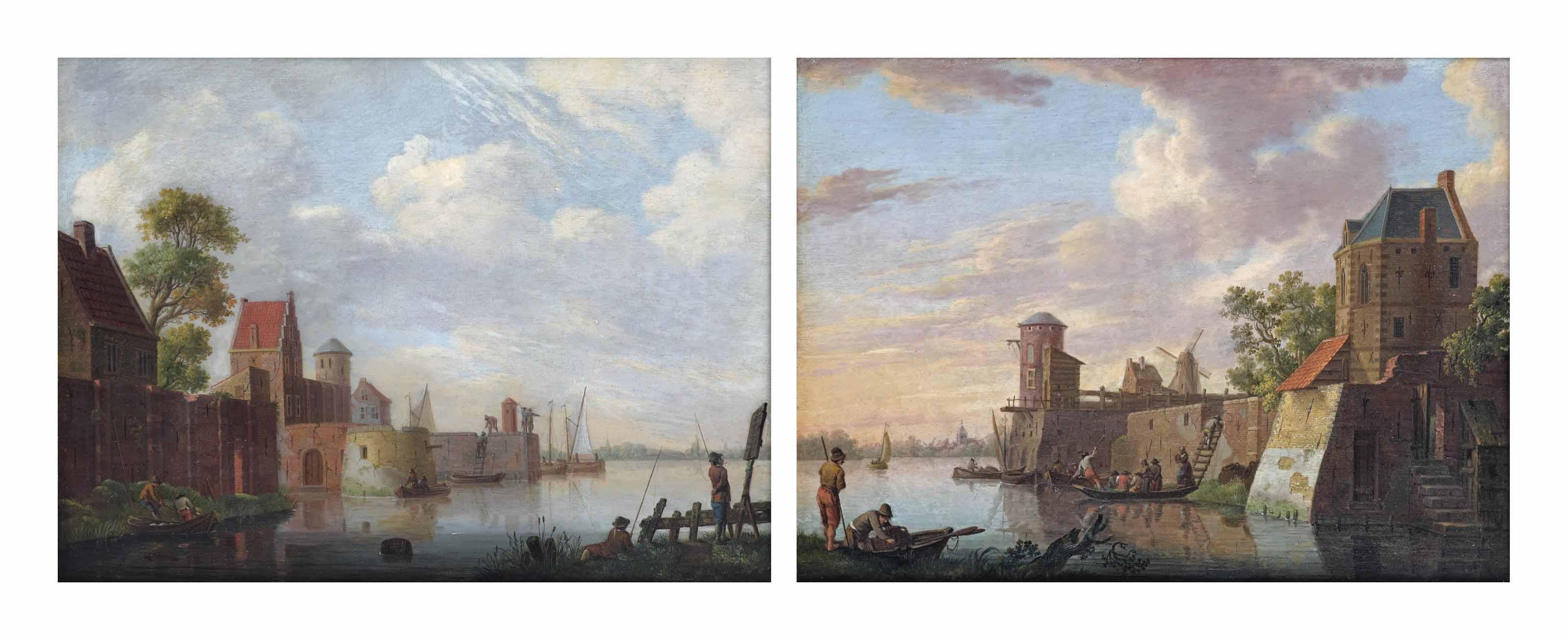 Hendrik Willem Schweickhardt - A river landscape with anglers on the river bank near a fortified town, and A river landscape with figures boarding a ferry from a town wall