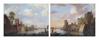 Hendrik Willem Schweickhardt - A river landscape with anglers on the river bank near a fortified town, and A river landscape with figures boarding a ferry from a town wall