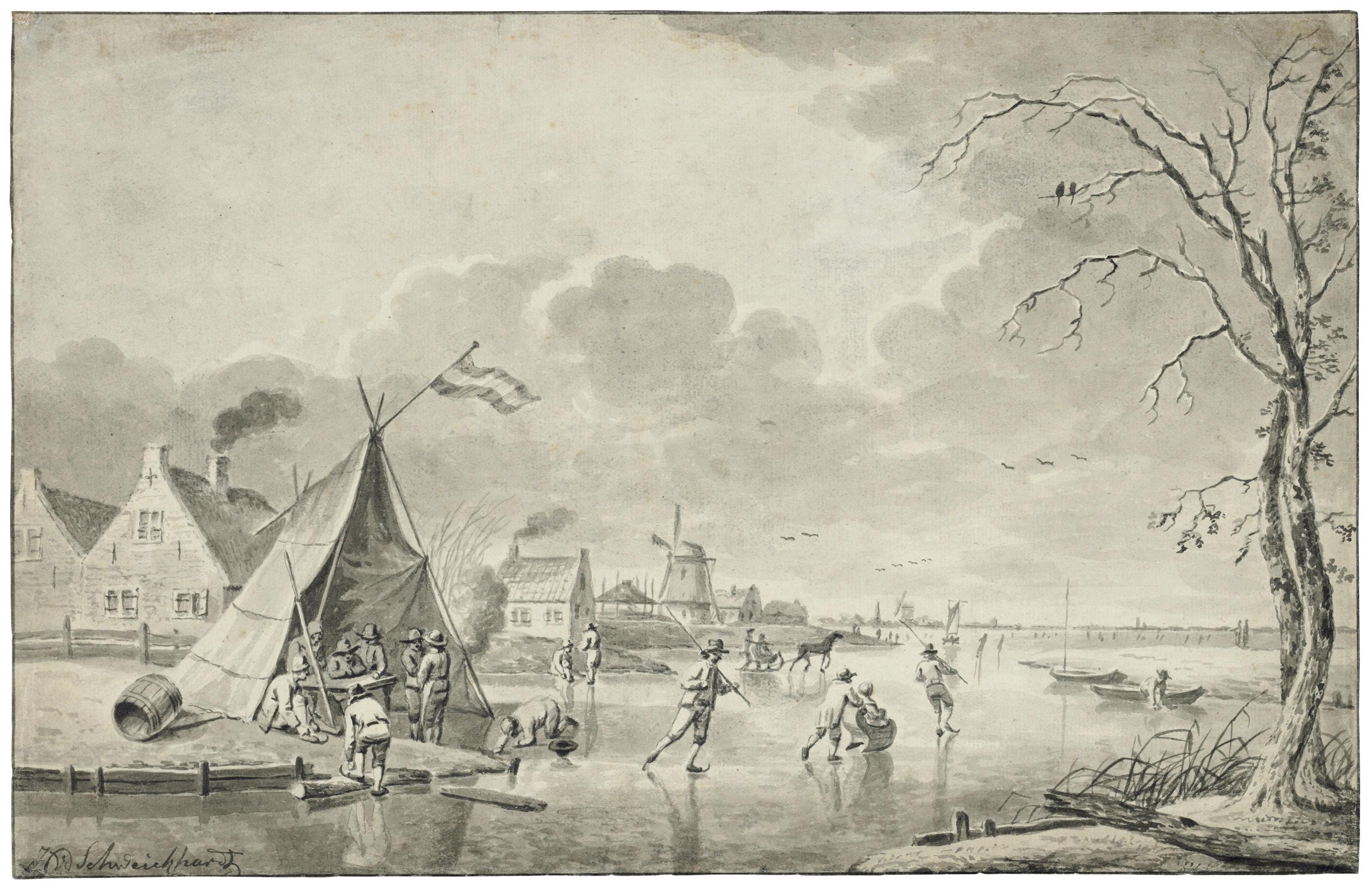 Hendrik Willem Schweickhardt - A village scene in winter, with skaters on the ice