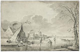 Hendrik Willem Schweickhardt - A village scene in winter, with skaters on the ice