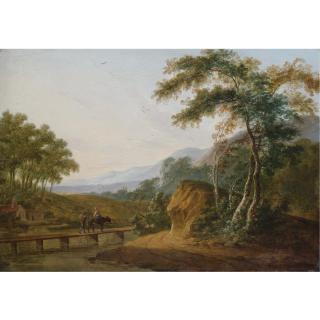 Hendrik Willem Schweickhardt - An Italianate Landscape With Two Figures On A Bridge In The Foreground