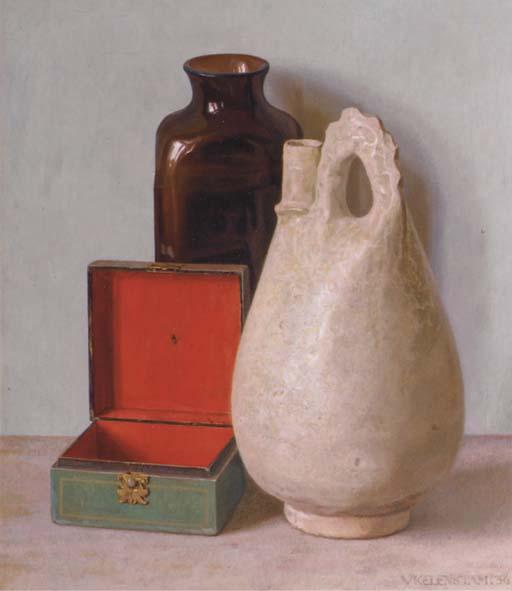 Hendrikus Ijkelenstam - A still life with green box, a vase and a jug