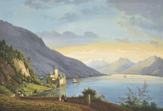Hendrikus Johannes Knip - A view of Lake Geneva, with figures at a vineyard in the foreground, the Château de Chillon beyond
