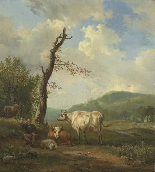 Hendrikus Van De Sande Bakhuyzen - A hilly landscape with a shepherd and his flock resting by a tree
