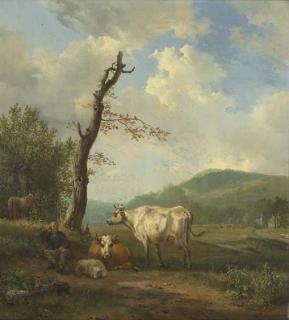Hendrikus Van De Sande Bakhuyzen - A hilly landscape with a shepherd and his flock resting by a tree
