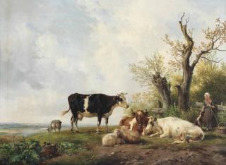 Hendrikus Van De Sande Bakhuyzen - A shepherdess with her flock
