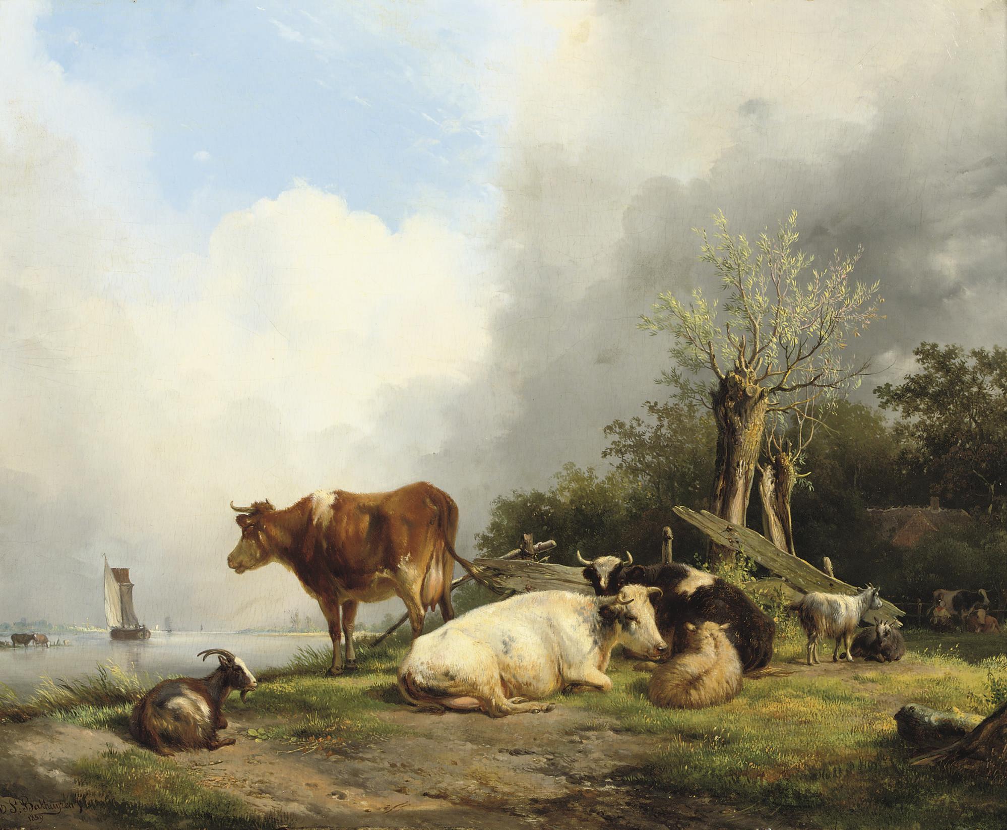 Hendrikus van de Sande Bakhuyzen - Cattle On A Riverbank