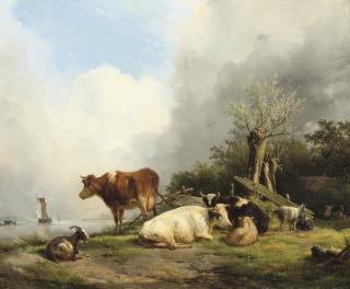 Hendrikus van de Sande Bakhuyzen - Cattle On A Riverbank