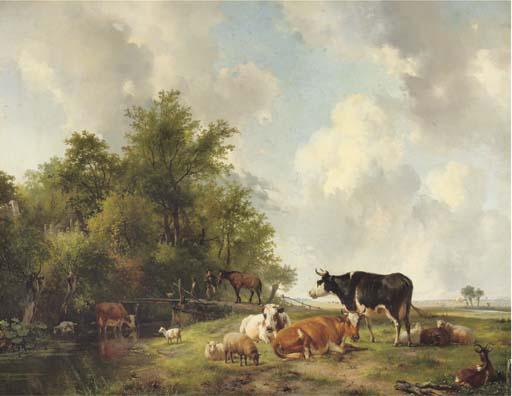 Hendrikus van de Sande Bakhuyzen - Cattle on the edge of a forest in an extensive sunlit landscape