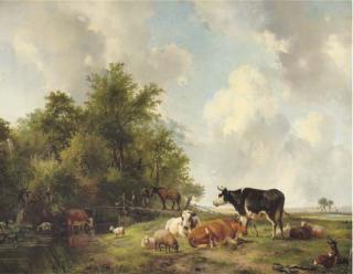 Hendrikus van de Sande Bakhuyzen - Cattle on the edge of a forest in an extensive sunlit landscape